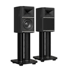 JBL Summit Ama Stand-Mount Loudspeakers - Black - Pair of speakers on stands angled right - left speaker without grille, right speaker with grille