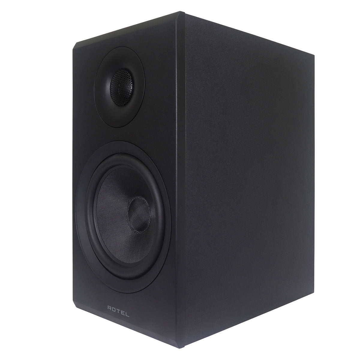 Rotel Amora 5 Passive Bookshelf Loudspeakers - Black - front and side view angled left without grille