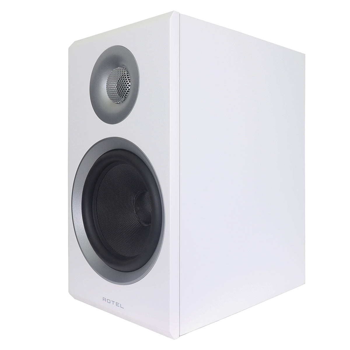 Rotel Amora 5 Passive Bookshelf Loudspeakers - White - front and side view angled left without grille