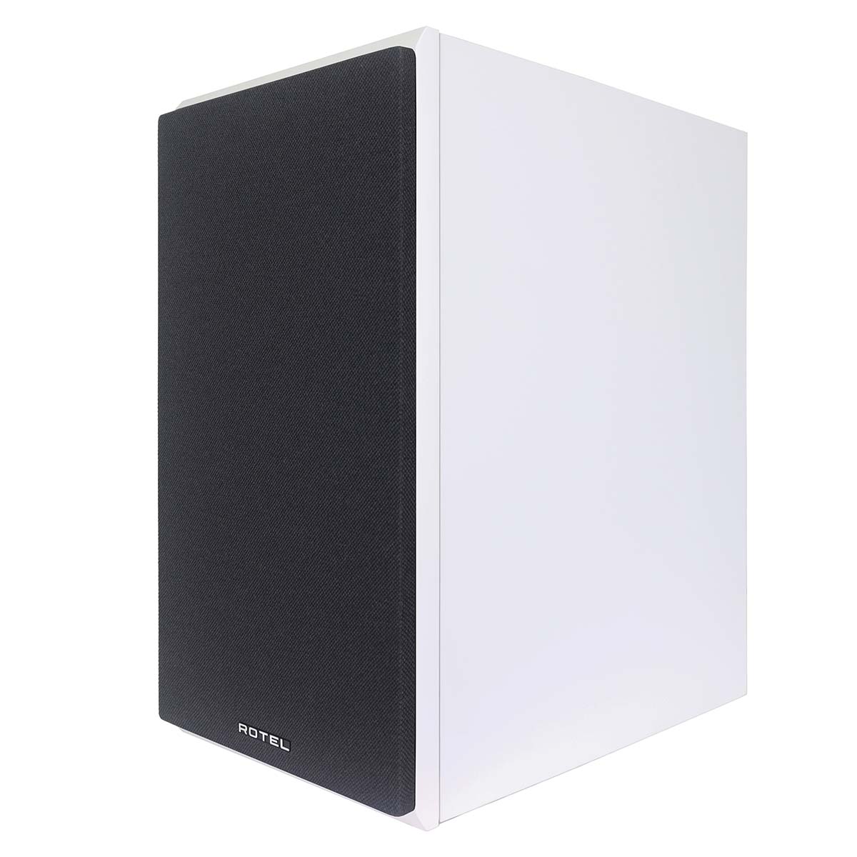 Rotel Amora 5 Passive Bookshelf Loudspeakers - White - front and side view angled left with grille