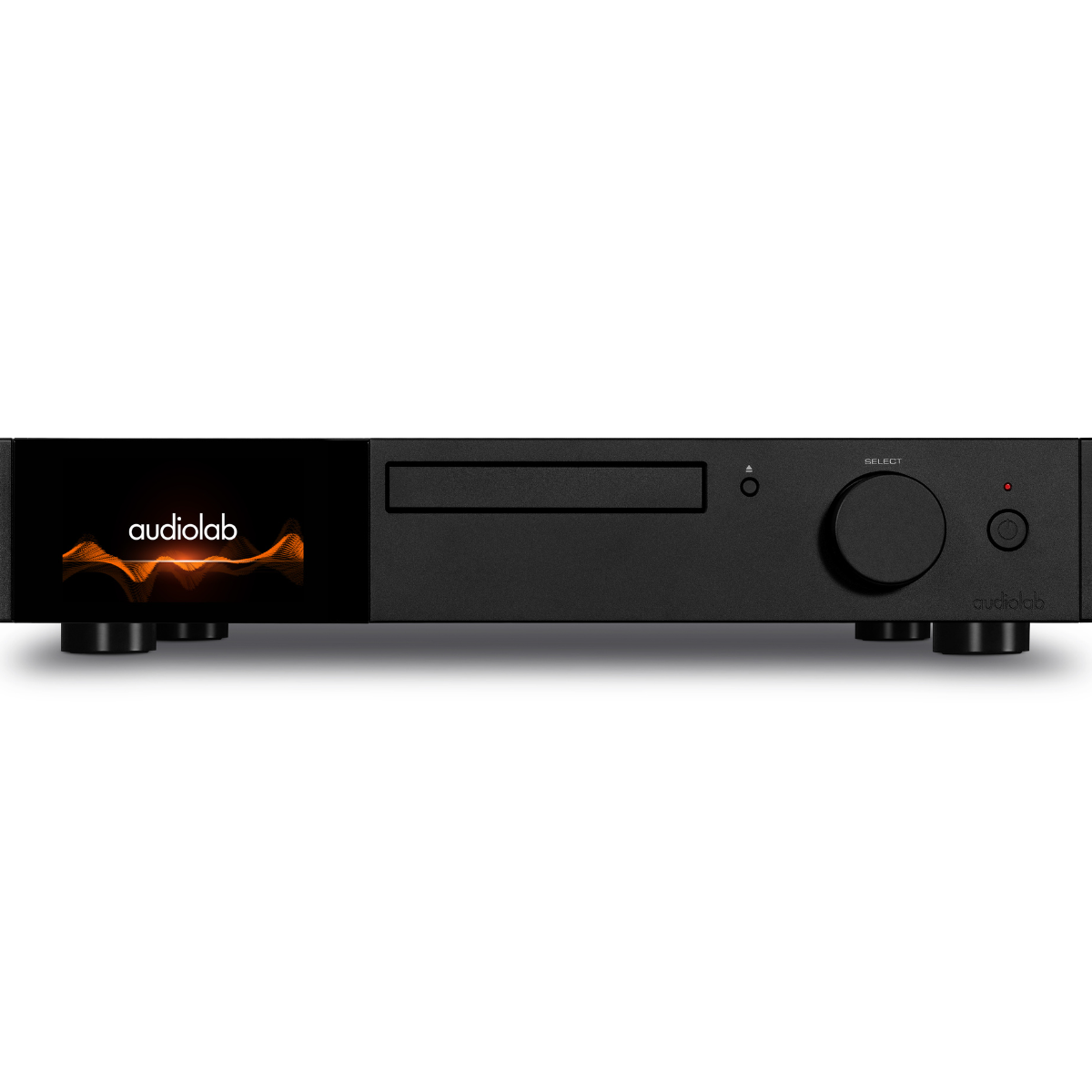 Audiolab CD player receiver in matte black with a glossy black front panel, featuring a disc tray, control buttons, and the Audiolab logo with an orange flame graphic on the left side.
