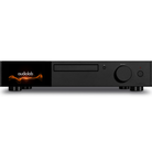 Audiolab CD player receiver in matte black with a glossy black front panel, featuring a disc tray, control buttons, and the Audiolab logo with an orange flame graphic on the left side.
