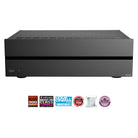 Lyngdorf MXA-8400 Eight-Channel Power Amplifier front view with award logos to bottom