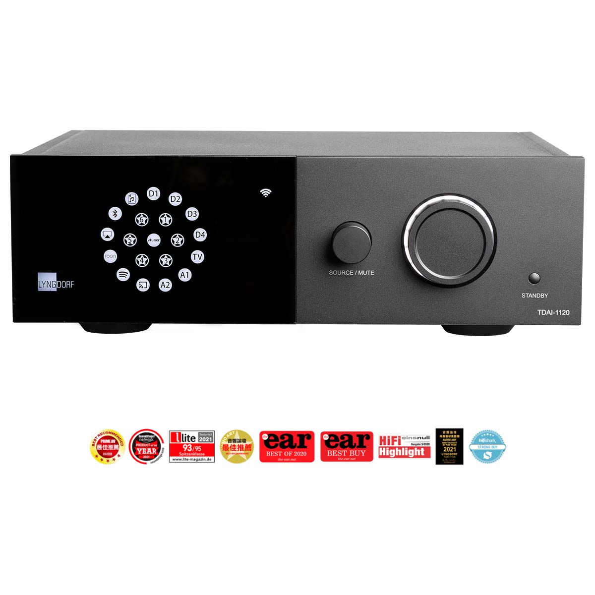 Lyngdorf TDAI-1120 Compact Streaming Amplifier with RoomPerfect front view with award logos below