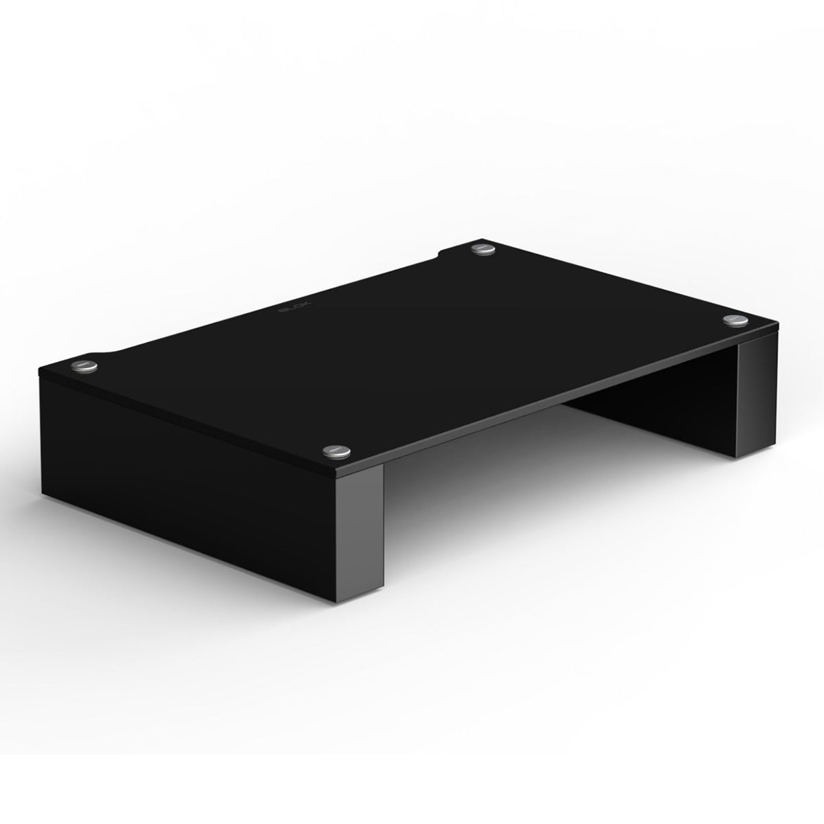 Angled front view of BLOK HiFi Stax 2G Shelf 170 in the black glass / high gloss black finish