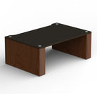 Angled front view of BLOK HiFi Stax 2G Shelf 120 in the black ash / natural walnut finish