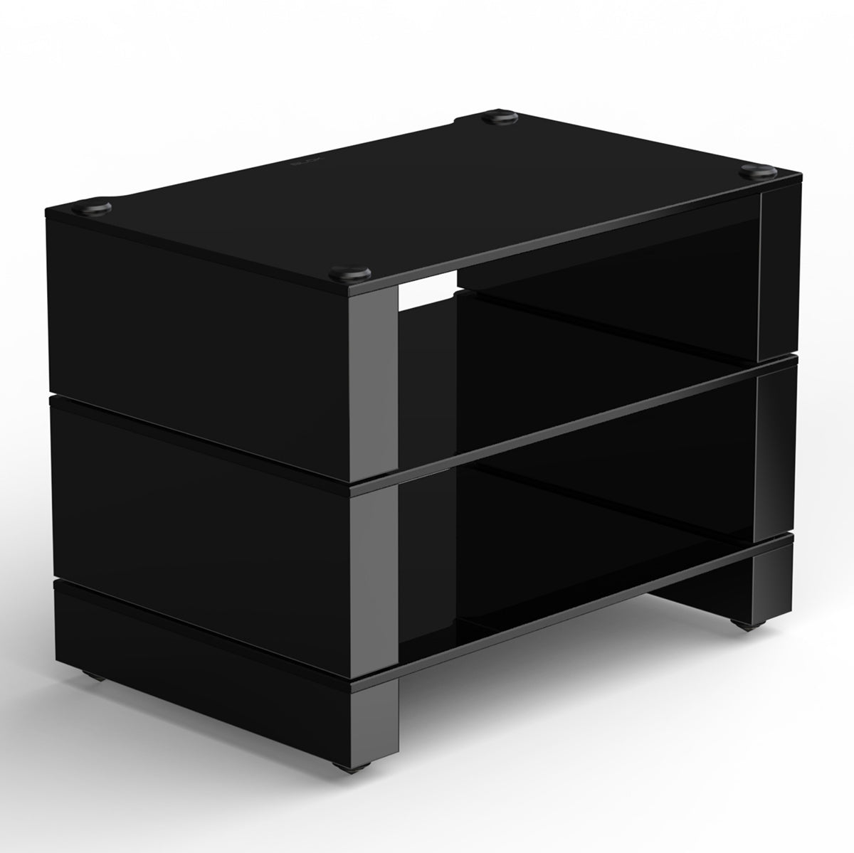 Angled front view of BLOK HiFi Stax 2G 3-Shelf Collection in the black glass / high gloss black finish
