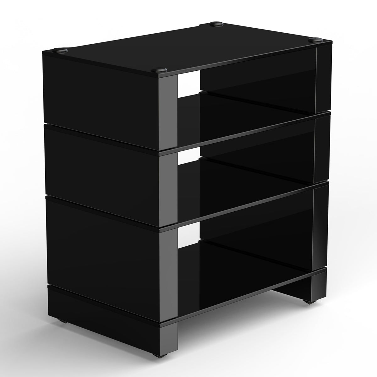 Angled front view of BLOK HiFi Stax 2G 4-Shelf Collection in the black glass / high gloss black finish
