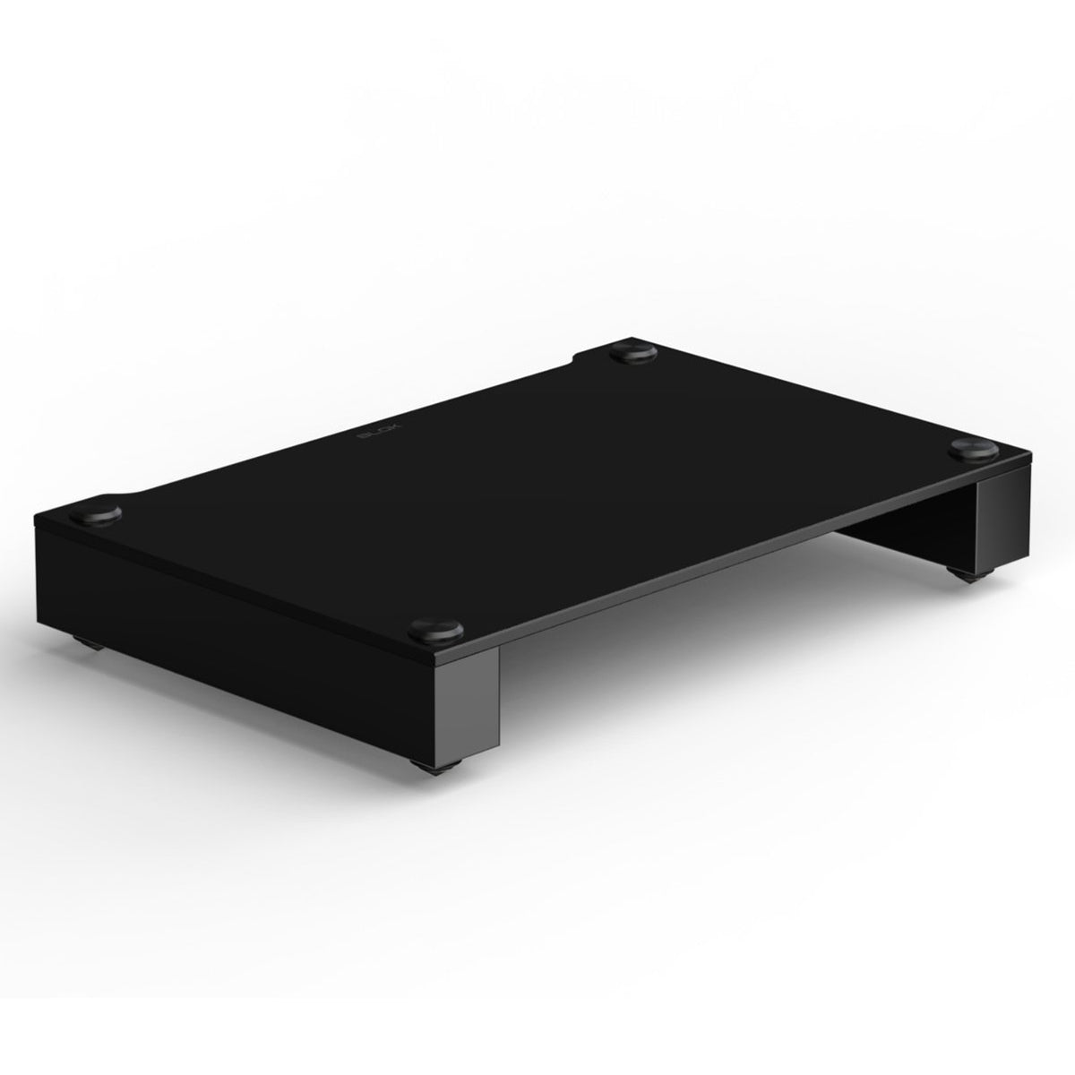 Angled front view of BLOK HiFi Stax 2G Shelf Base in the black glass / high gloss black finish