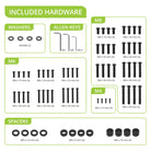 Included hardware list with washers, Allen keys, screws, and spacers on a green background