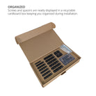 Open cardboard box containing screws and spacers with text about organization.