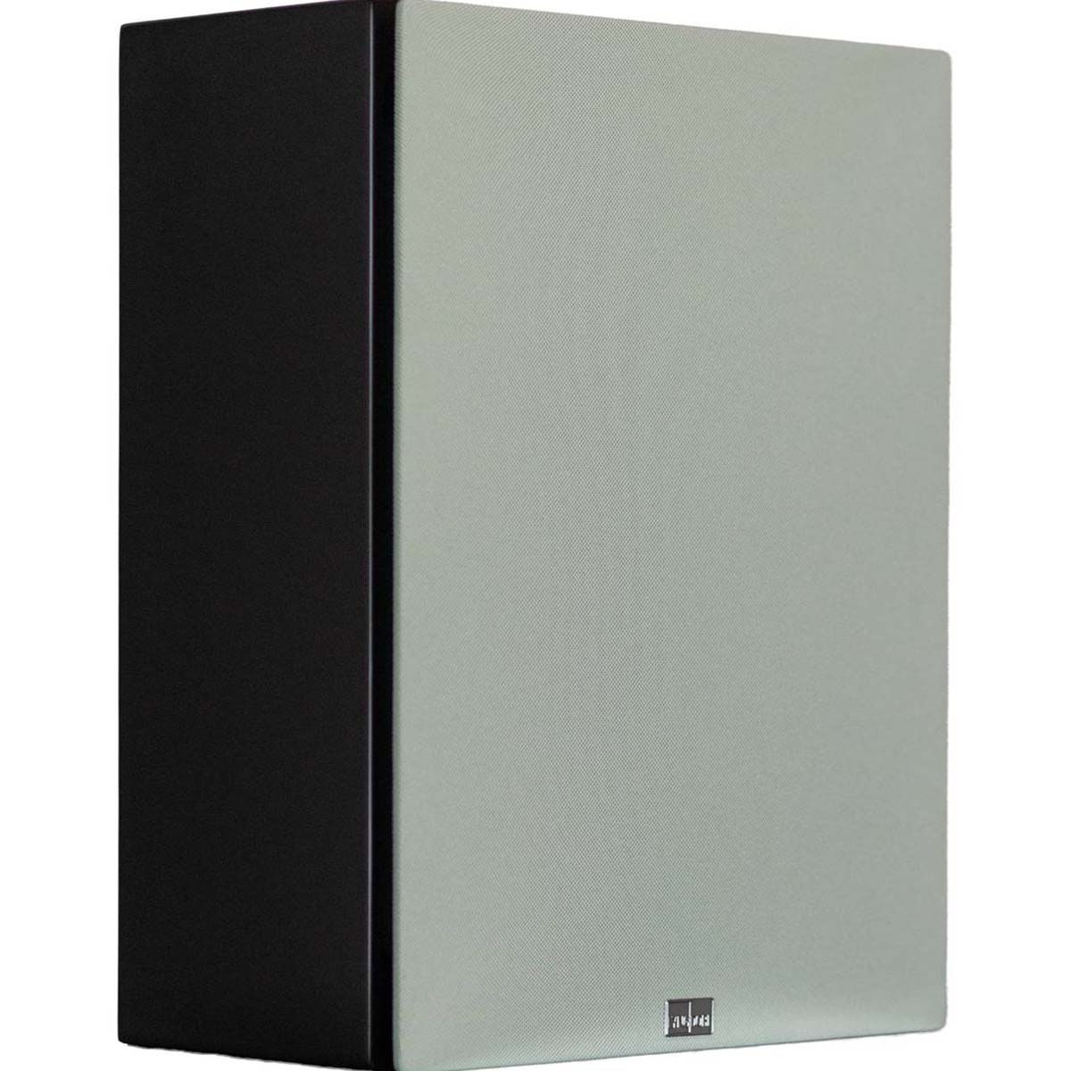 Lyngdorf BW-2 High Bandwidth Subwoofer black speaker front view angled right with gray grille