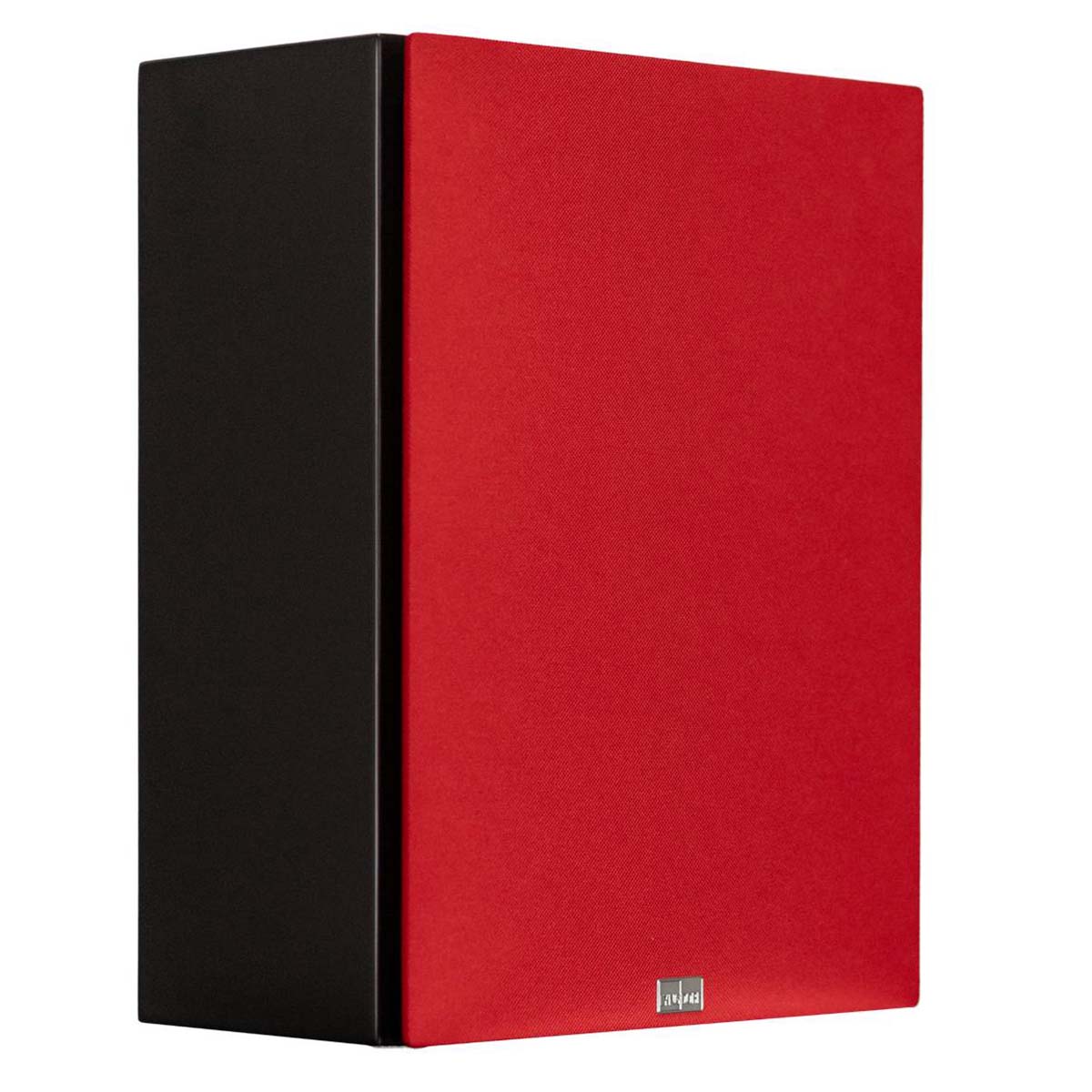 Lyngdorf BW-2 High Bandwidth Subwoofer black speaker front view angled right with red grille