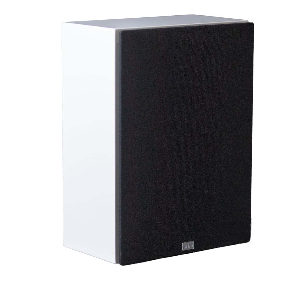 Lyngdorf BW-2 High Bandwidth Subwoofer white speaker front view angled right with black grille