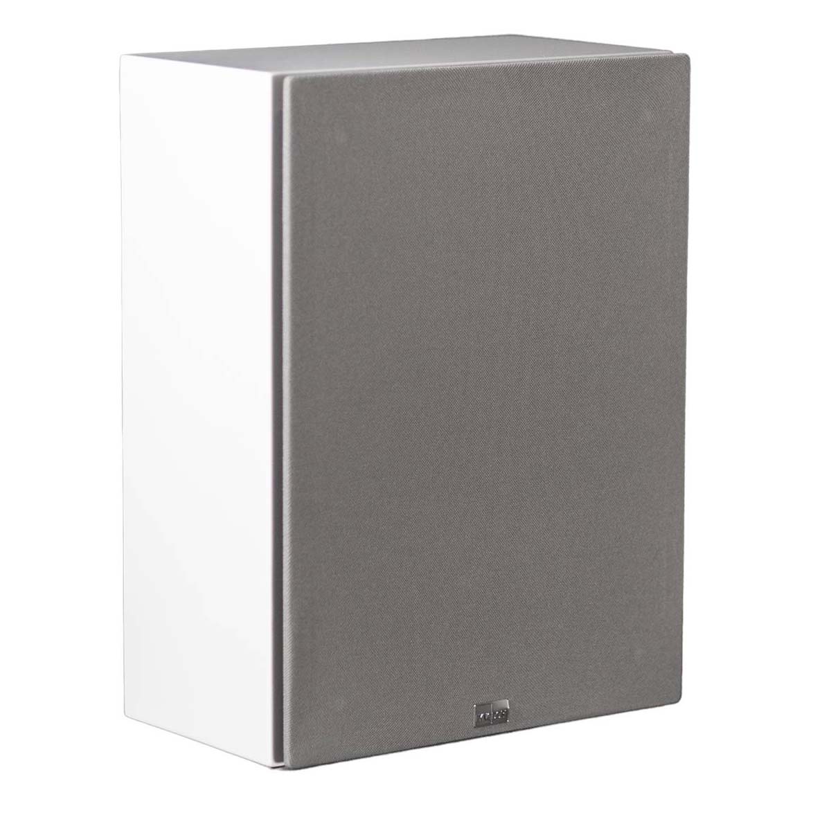 Lyngdorf BW-2 High Bandwidth Subwoofer white speaker front view angled right with gray grille