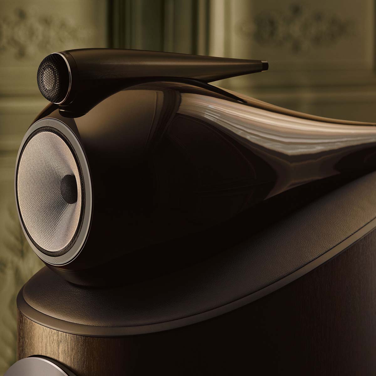 Bowers & Wilkins 801 D5 Floorstanding Loudspeaker - detail of top drivers of Dark Walnut speaker