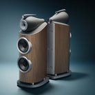 Bowers & Wilkins 801 D5 Floorstanding Loudspeaker - pair of Light Walnut speakers facing opposite directions without grilles