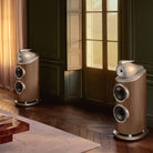 Bowers & Wilkins 801 D5 Floorstanding Loudspeaker - lifestyle photo of pair of Light Walnut speakers in a living room