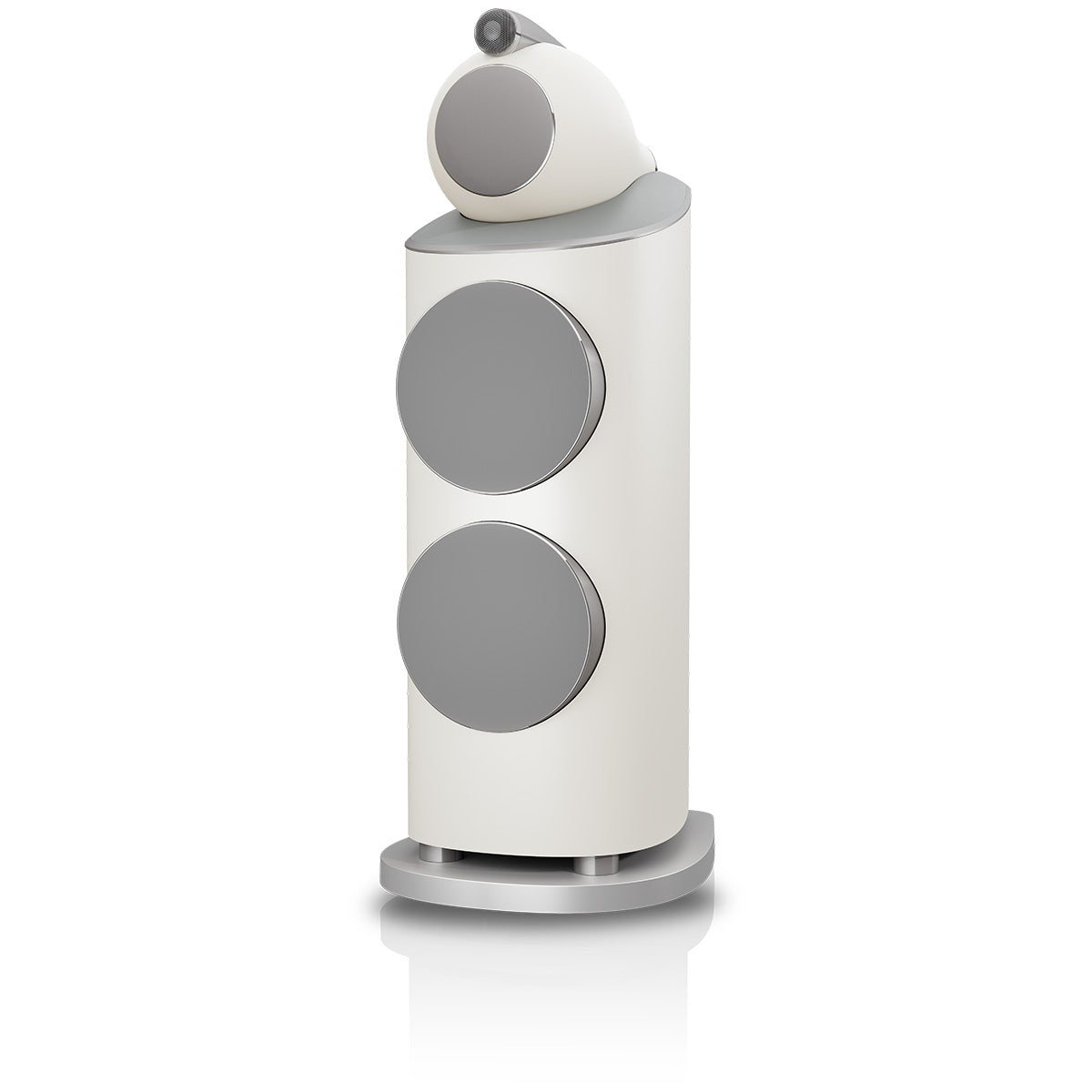Bowers & Wilkins 801 D5 Floorstanding Loudspeaker - front view of single Warm White speaker with grilles angled left