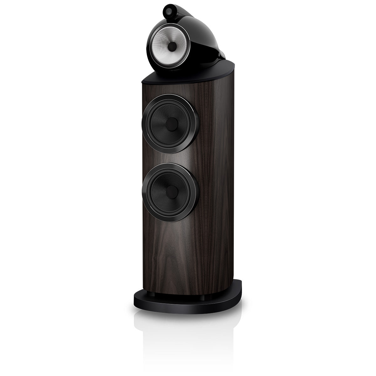 Bowers & Wilkins 802 D5 Floorstanding Loudspeaker - front view of single Dark Walnut speaker without grilles angled left