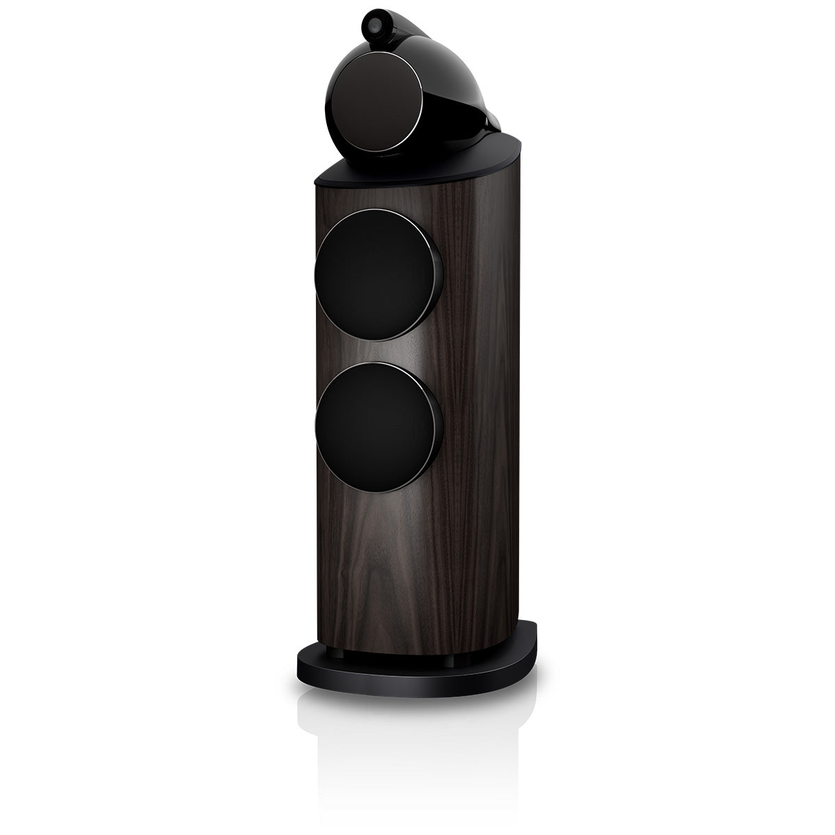 Bowers & Wilkins 802 D5 Floorstanding Loudspeaker - front view of single Dark Walnut speaker with grilles angled left