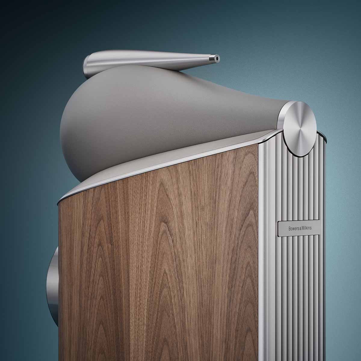 Bowers & Wilkins 801 D5 Floorstanding Loudspeaker - detail of top rear and side view of single Light Walnut speaker