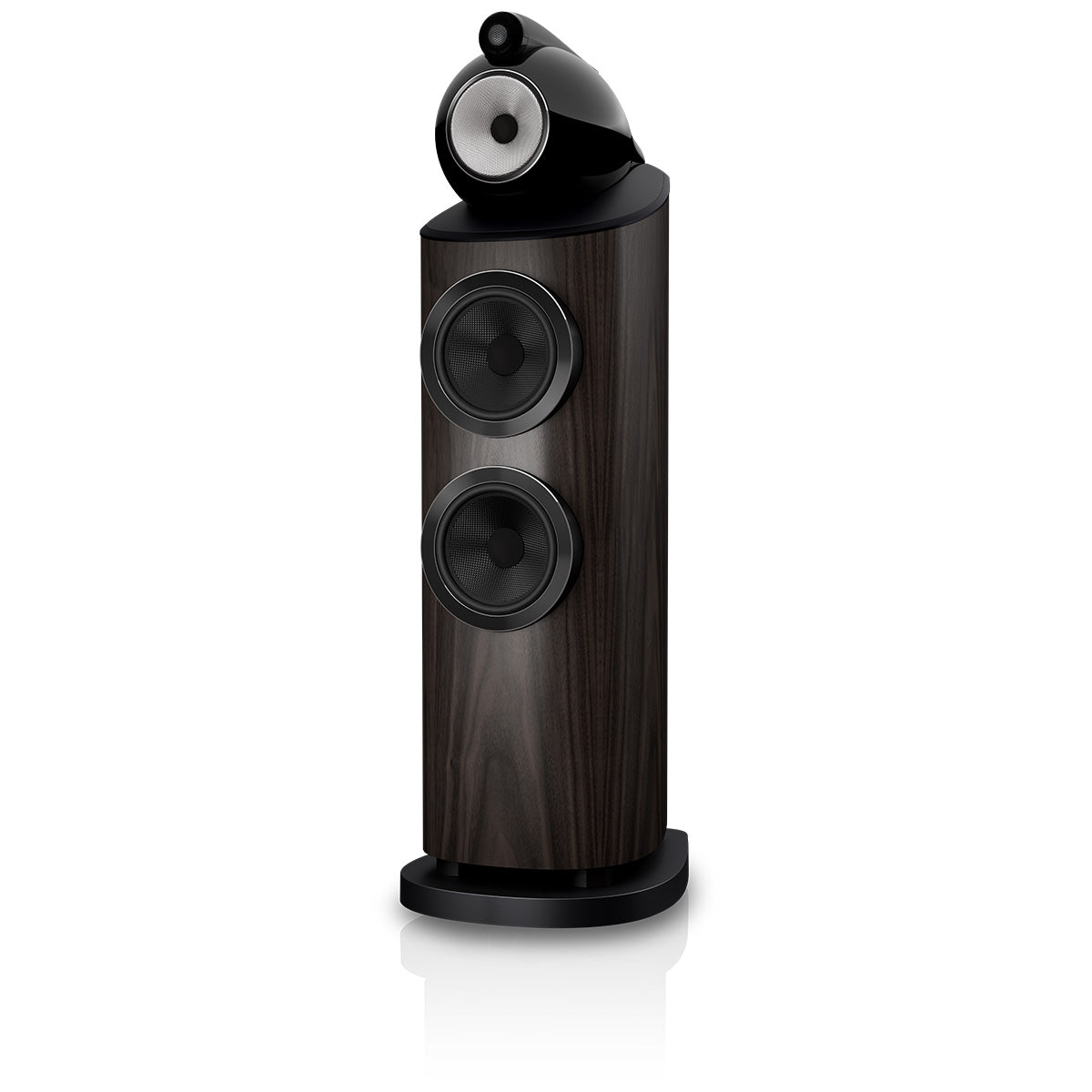 Bowers & Wilkins 803 D5 Floorstanding Loudspeaker - front view of single Dark Walnut speaker without grilles angled left