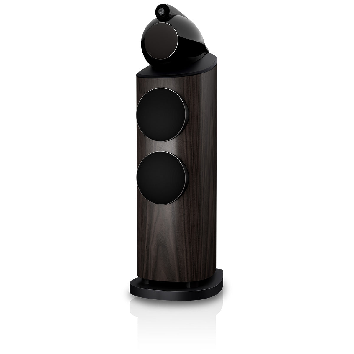 Bowers & Wilkins 803 D5 Floorstanding Loudspeaker - front view of single Dark Walnut speaker with grilles angled left