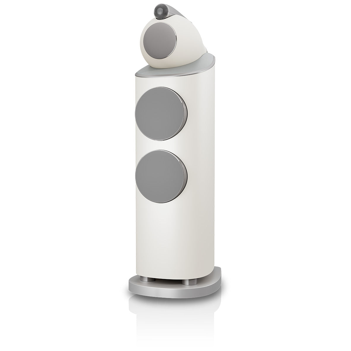 Bowers & Wilkins 803 D5 Floorstanding Loudspeaker - front view of single Warm White speaker with grilles angled left