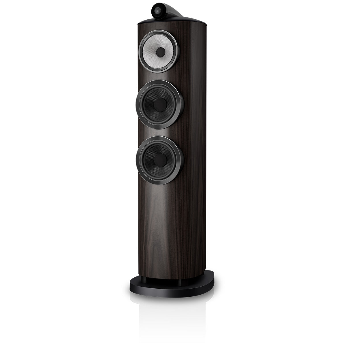 Bowers & Wilkins 804 D5 Floorstanding Loudspeaker - front view of single Dark Walnut speaker without grilles angled left