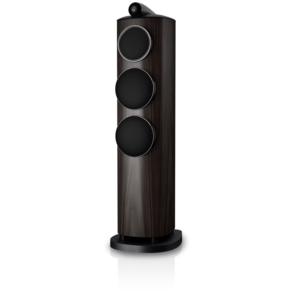 Bowers & Wilkins 804 D5 Floorstanding Loudspeaker - front view of single Dark Walnut speaker with grilles angled left