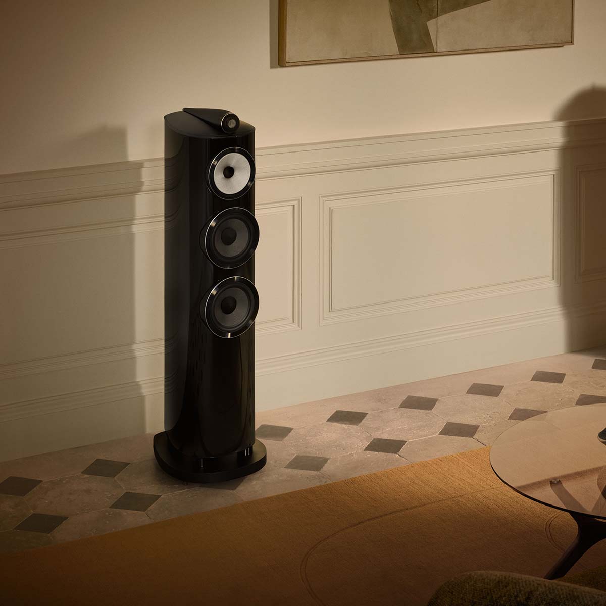 Bowers & Wilkins 804 D5 Floorstanding Loudspeaker - lifestyle photo of single Stealth Black speaker angled right