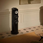 Bowers & Wilkins 804 D5 Floorstanding Loudspeaker - lifestyle photo of single Stealth Black speaker angled right
