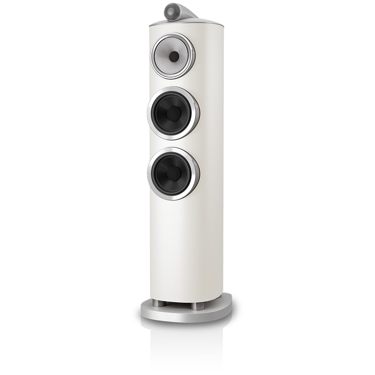 Bowers & Wilkins 804 D5 Floorstanding Loudspeaker - front view of single Warm White speaker without grilles angled left