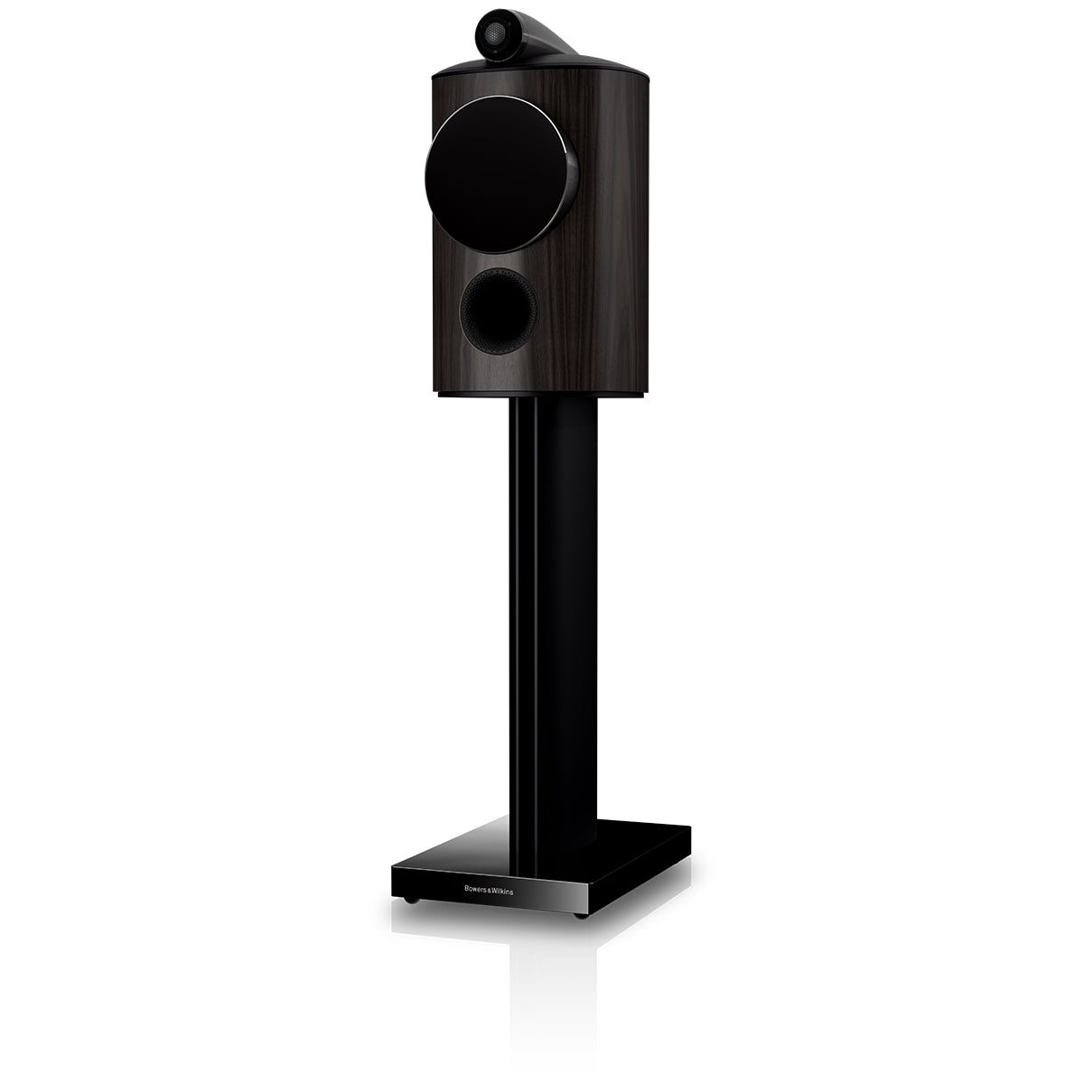 Bowers & Wilkins 805 D5 Bookshelf Loudspeaker - front view of single Dark Walnut speaker on stand with grille angled left