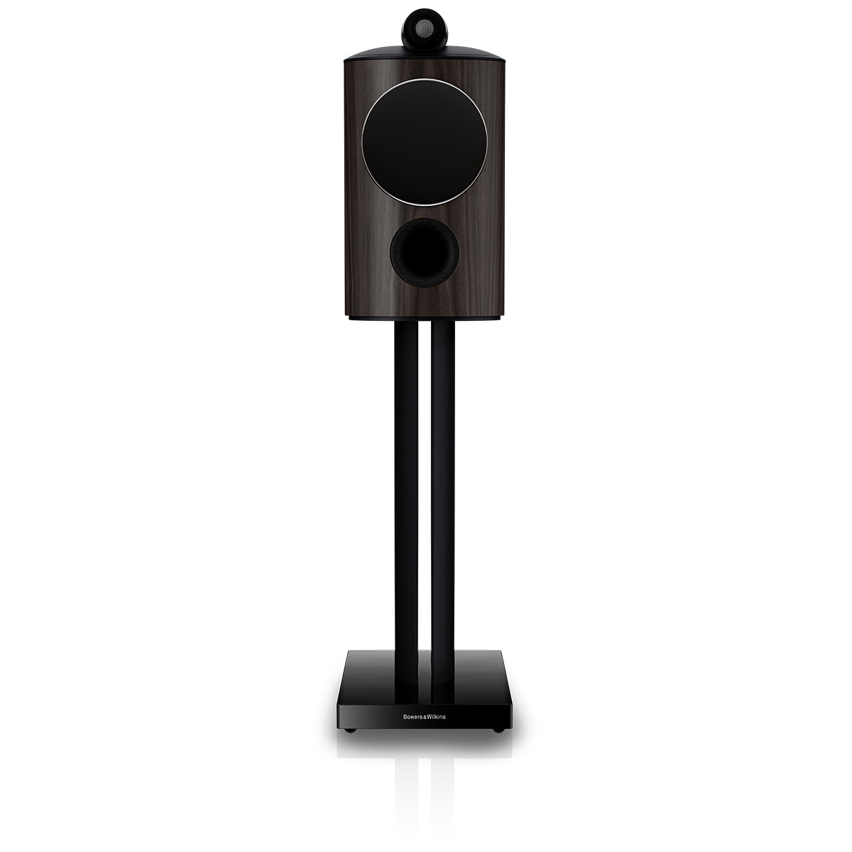 Bowers & Wilkins 805 D5 Bookshelf Loudspeaker - front view of single Dark Walnut speaker on stand with grille
