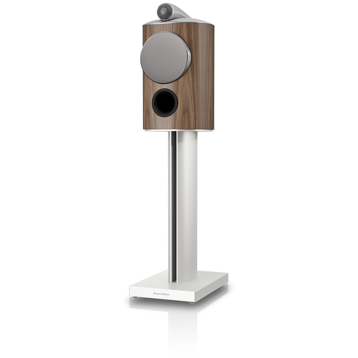 Bowers & Wilkins 805 D5 Bookshelf Loudspeaker - front view of single Light Walnut speaker on stand with grille angled left