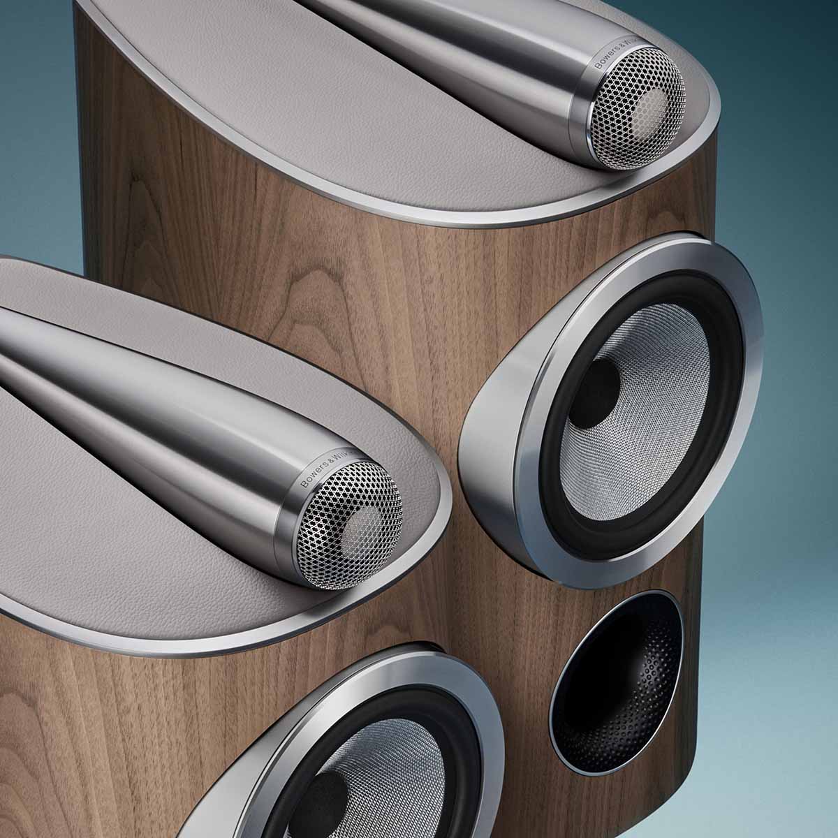 Bowers & Wilkins 805 D5 Bookshelf Loudspeaker - detail of pair of Light Walnut speakers on stands without grilles facing right top view