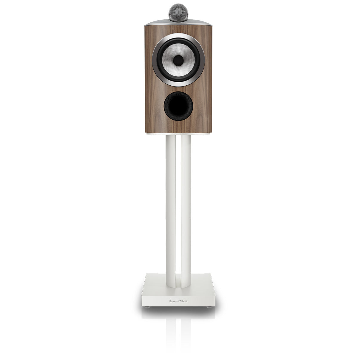 Bowers & Wilkins 805 D5 Bookshelf Loudspeaker - front view of single Light Walnut speaker on stand without grille