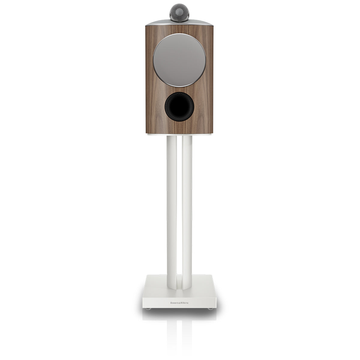 Bowers & Wilkins 805 D5 Bookshelf Loudspeaker - front view of single Light Walnut speaker on stand with grille
