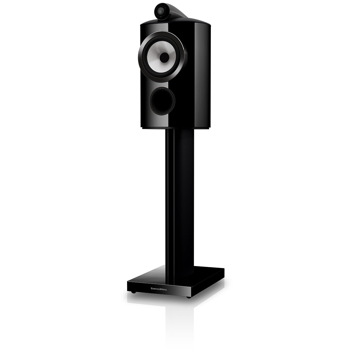 Bowers & Wilkins 805 D5 Bookshelf Loudspeaker - front view of single Stealth Black speaker on stand without grille angled left