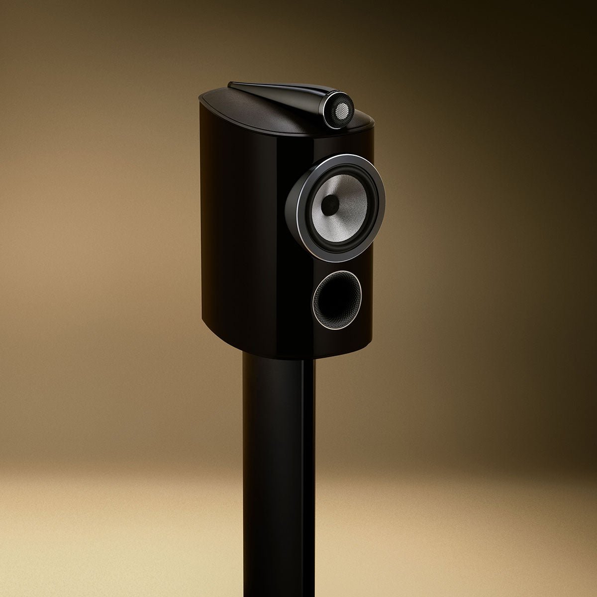 Bowers & Wilkins 805 D5 Bookshelf Loudspeaker - front view of single Stealth Black speaker on stand without grille angled right