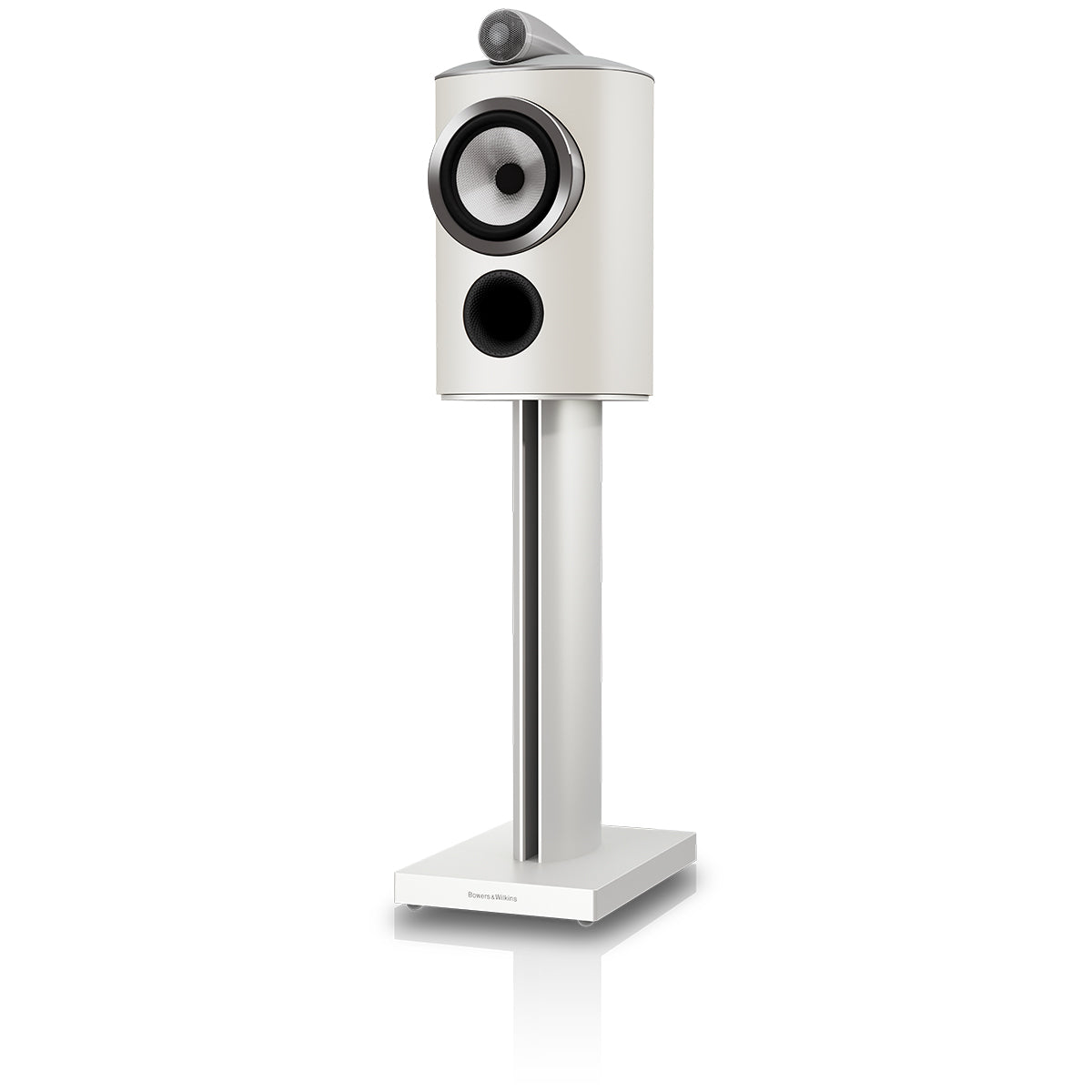 Bowers & Wilkins 805 D5 Bookshelf Loudspeaker - front view of single Warm White speaker on stand without grille angled left
