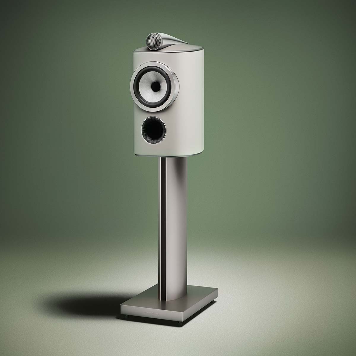 Bowers & Wilkins 805 D5 Bookshelf Loudspeaker - single Warm White speaker on stand without grille angled left