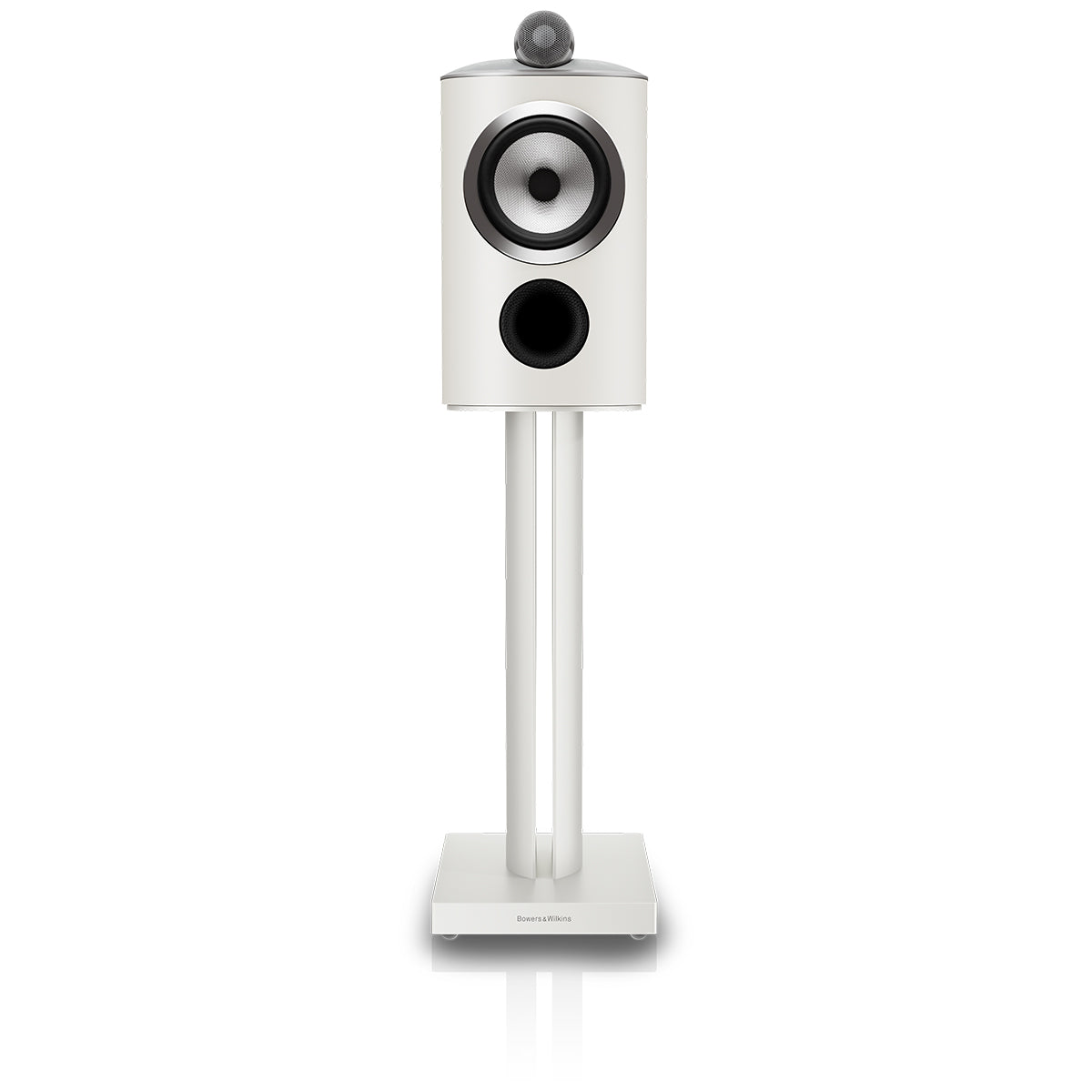 Bowers & Wilkins 805 D5 Bookshelf Loudspeaker - front view of single Warm White speaker on stand with grille