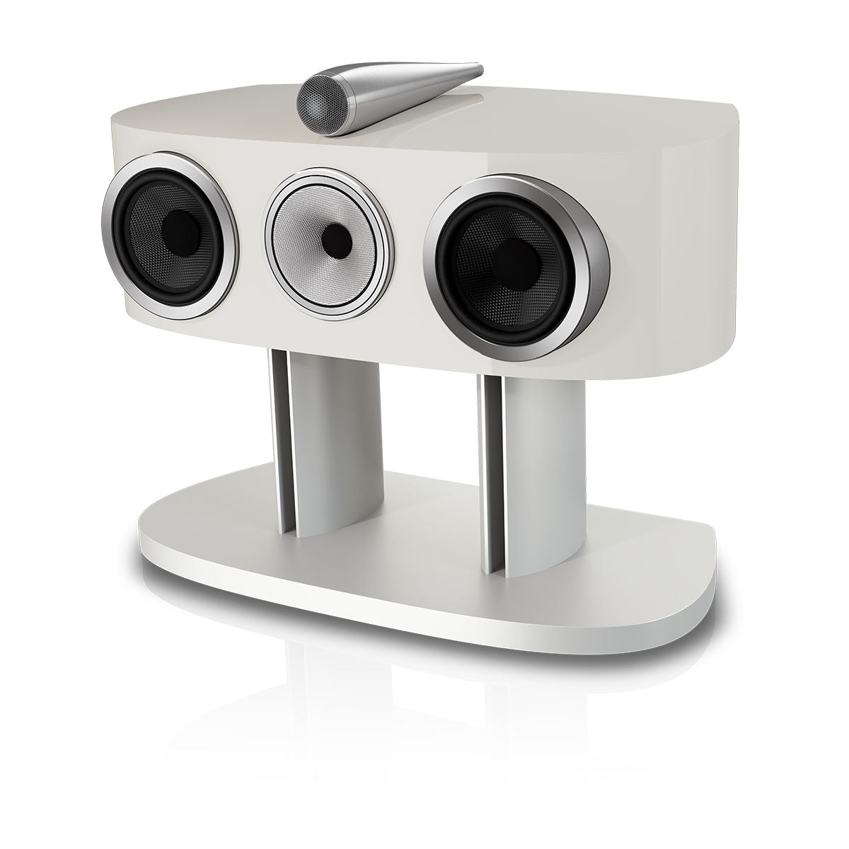 Bowers & Wilkins HTM82 D5 Center Channel Loudspeaker - front view of Warm White speaker angled left without grilles