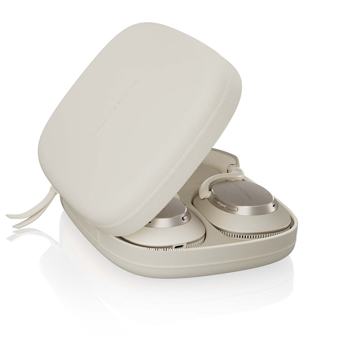 Bowers & Wilkins Px7 S3 Over-Ear Noise-Cancelling Headphones - White - headphones laying flat in partly-open case