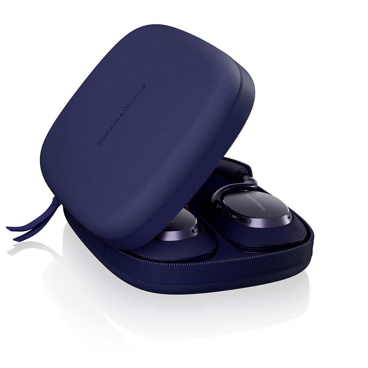 Bowers & Wilkins Px7 S3 Over-Ear Noise-Cancelling Headphones - Blue - headphones laying flat in partly-open case