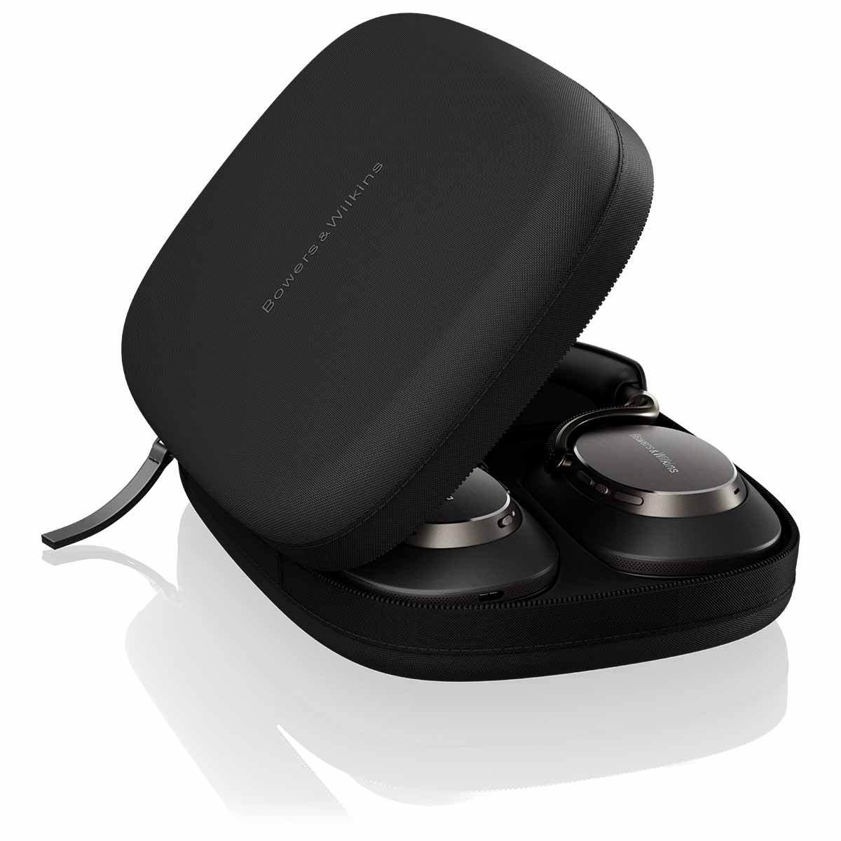 Bowers & Wilkins Px8 S2 Wireless Over-Ear Headphones - Black - unit laying flat in open carrying case