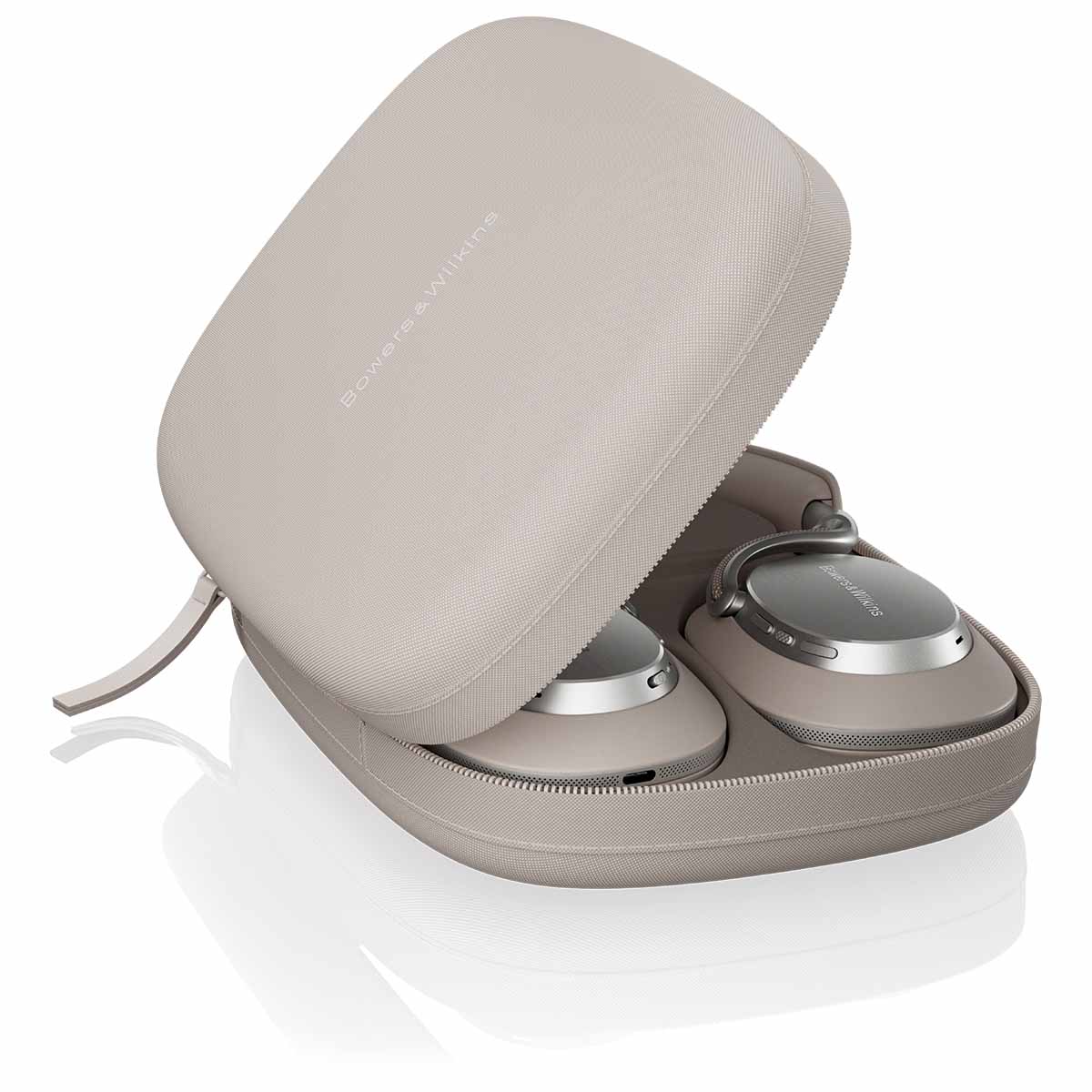 Bowers & Wilkins Px8 S2 Wireless Over-Ear Headphones - Stone - unit laying flat in open carrying case